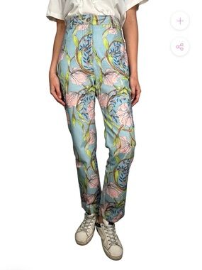 Isla & White Floral Botanical High Rise Pants Pastel Blue Medium